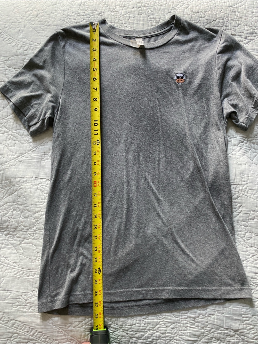 Bella Canvas Gray Short Sleeve Tee with Small Embroidered Cow with Shades Patch